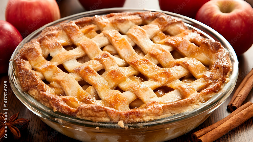 Golden lattice apple pie with cinnamon sticks, a quintessential autumn dessert Golden lattice apple pie with cinnamon sticks, a quintessential autumn dessert