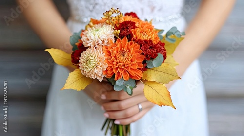 Bouquet for an autumn wedding with orange and red chrysanthemums, yellow leaves. 