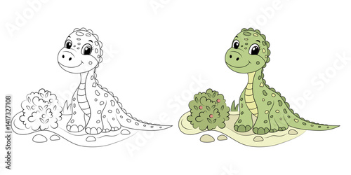 Cute funny dinosaur, children's illustration in flat cartoon style. Perfect for children's educational and play projects, coloring book, print, greeting card