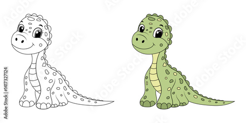 Cute funny dinosaur, children's illustration in flat cartoon style. Perfect for children's educational and play projects, coloring book, print, greeting card