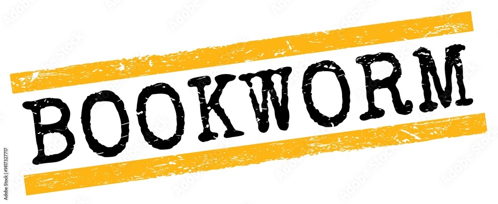 BOOKWORM text on yellow-black grungy lines stamp sign.