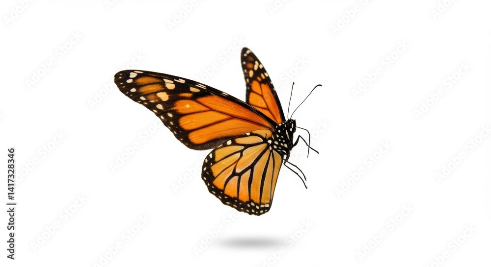 Obraz premium Monarch butterfly hovering with soft drop shadow