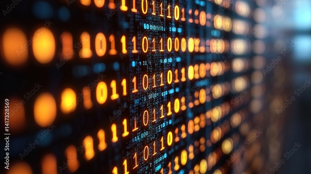 Obraz premium Digital binary code background with orange and blue glowing numbers.