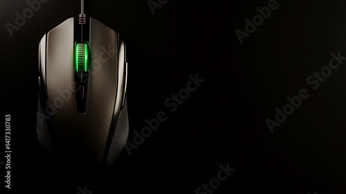Sleek, grey computer mouse with illuminated green scroll wheel on a black background