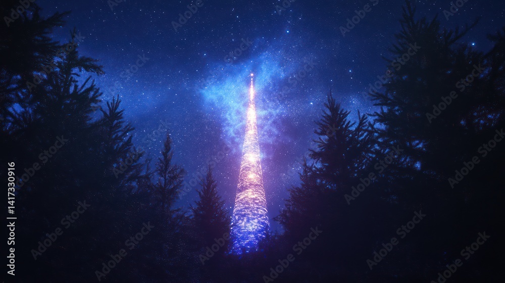 Naklejka premium A brightly lit tower rising towards the beautiful starry night sky