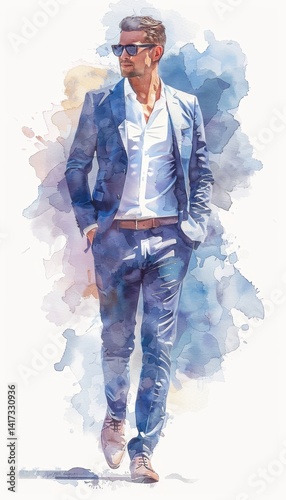 Stylish man in casual business attire confidently walking on a sunny day outdoors presenting a modern urban vibe with artistic watercolor effects