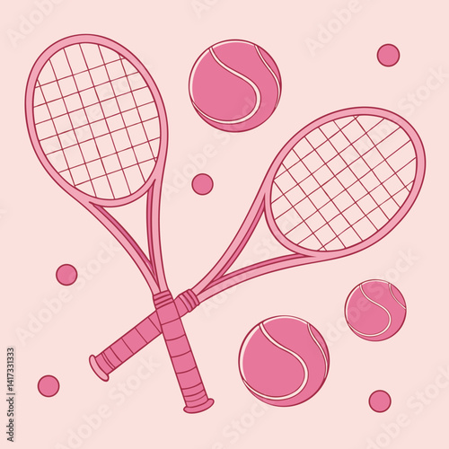 Two Pink Tennis Rackets and Tennis Balls on Pink Background – 3D Rendered Illustration