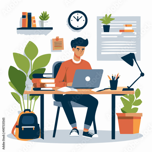 Flat vector of a student studying at a desk with books and a laptop. Clean and minimal design with solid colors. Perfect for education, e-learning, or academic content.