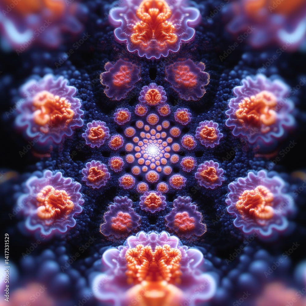 Fototapeta premium Abstract floral pattern with orange and blue hues radiating from a central point.