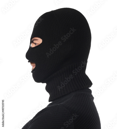 Young man wearing balaclava on white background