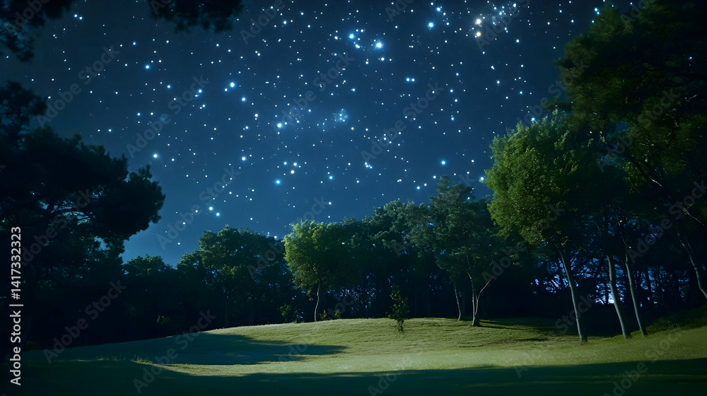 Enchanting night: A celestial ballet over tranquil forest meadow landscape Enchanting night: A celestial ballet over tranquil forest meadow landscape