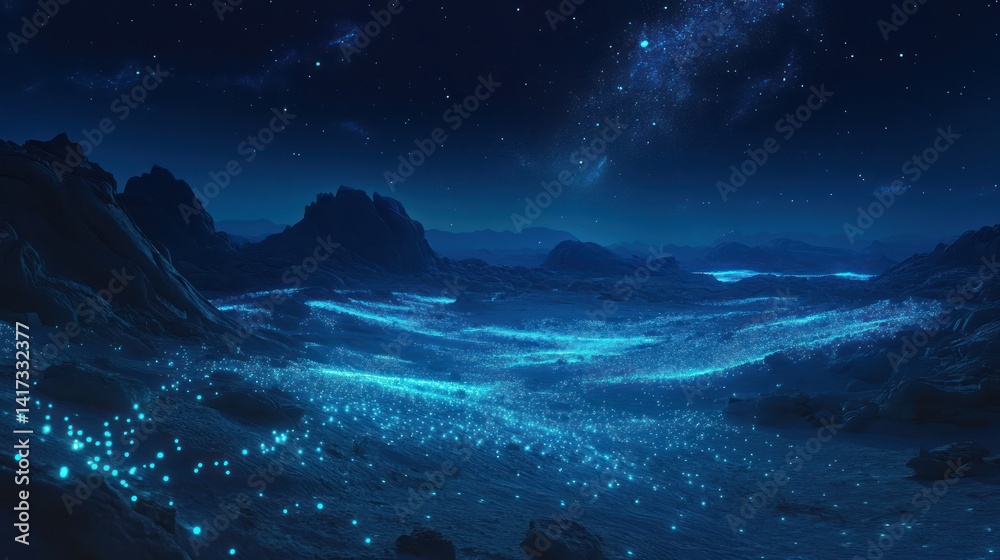 A luminous alien landscape with starry sky and mountains A luminous alien landscape with starry sky and mountains
