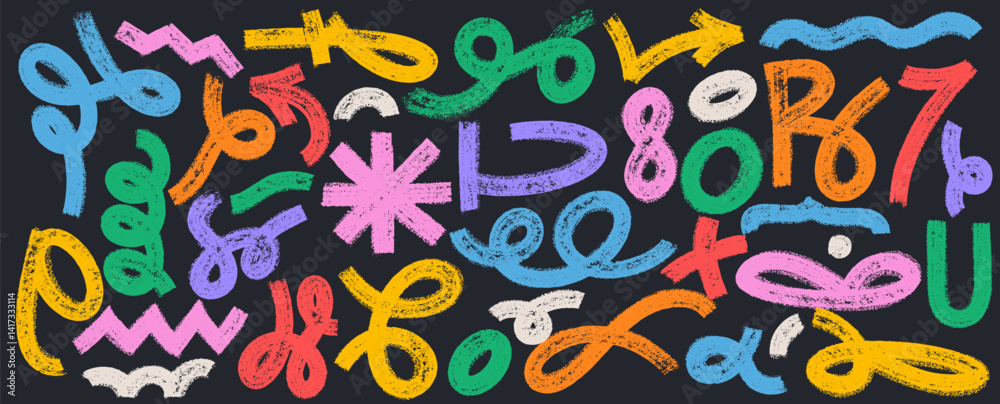 Fototapeta premium Brush drawn colored abstract shapes, lines set. Squiggles, wavy organic bold lines, arrow, waves, funky figures. Hand drawn vector geometric geometric shapes collages, contemporary bold design.