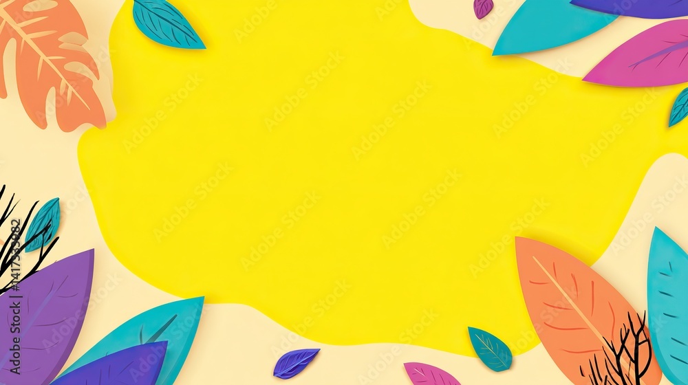 Fototapeta premium Flat vector background with colorful jungle leaves, simple graphic design and bright color palette of yellow, orange, purple, blue and green, perfect for social media post templates.