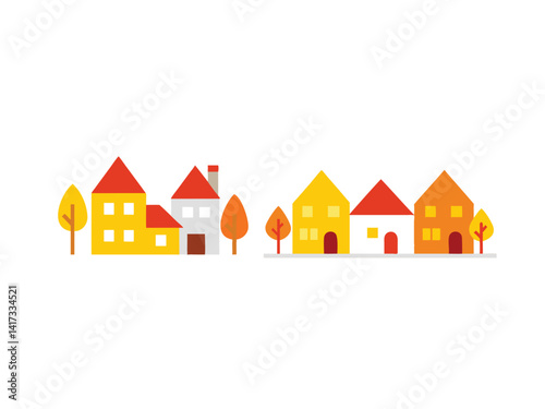 Flat design illustration of a suburban neighborhood with colorful houses and autumn trees. Ideal for themes related to housing, real estate, community, or seasonal illustrations.