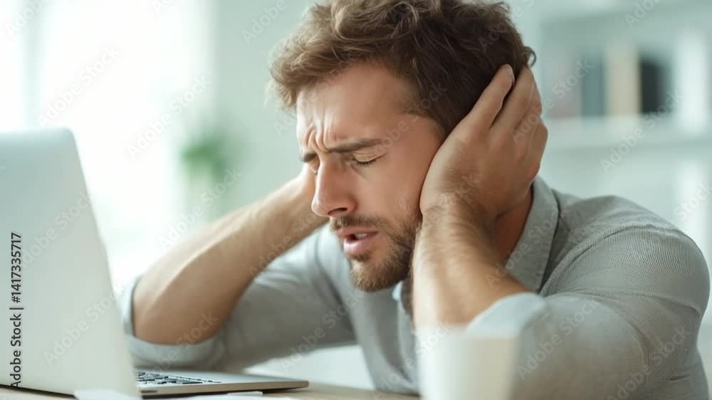 Overwhelmed by Noise: A man sits at his desk, laptop open, hands clasped over his ears. His pained expression suggests a profound sense of stress and overstimulation. Overwhelmed by Noise: A man sits at his desk, laptop open, hands clasped over his ears. His pained expression suggests a profound sense of stress and overstimulation.
