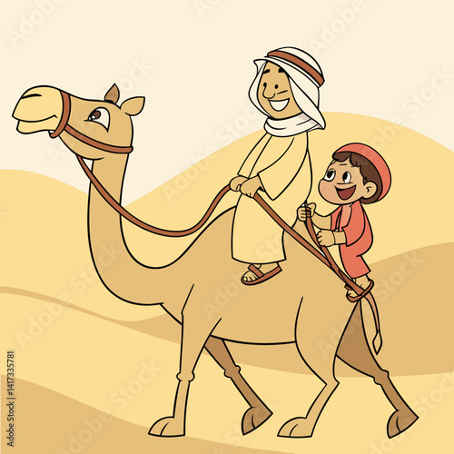 Arabic cartoon tour guide and kid riding a camel. Vector illustration