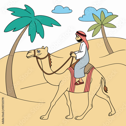 Arabic cartoon tour guide and kid riding a camel. Vector illustration