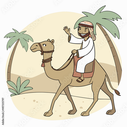 Arabic cartoon tour guide and kid riding a camel. Vector illustration