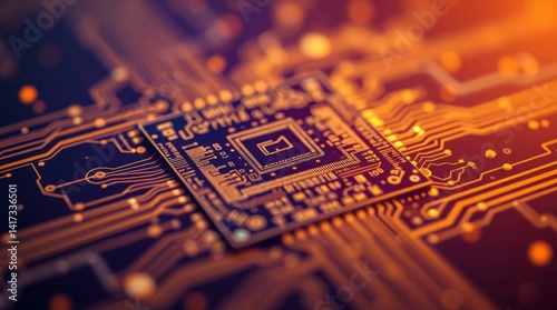 Glowing Microchip and Circuitry on Dark Background