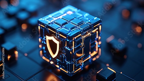 3D glowing blue cube with digital shield icon, positioned on the right side with clear empty left space for design overlay