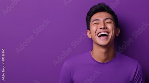 young indonesian man on plain bright purple background laughing hysterically looking at camera background banner template ad marketing concept from Generative AI