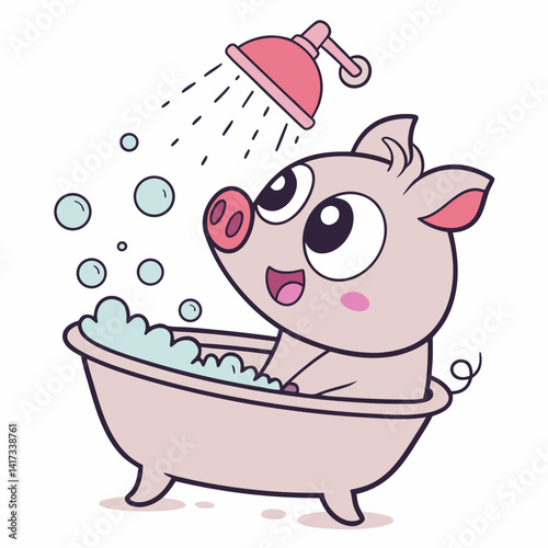 Cartoon cute pig taking bath in the bathtub.Vector illustration
