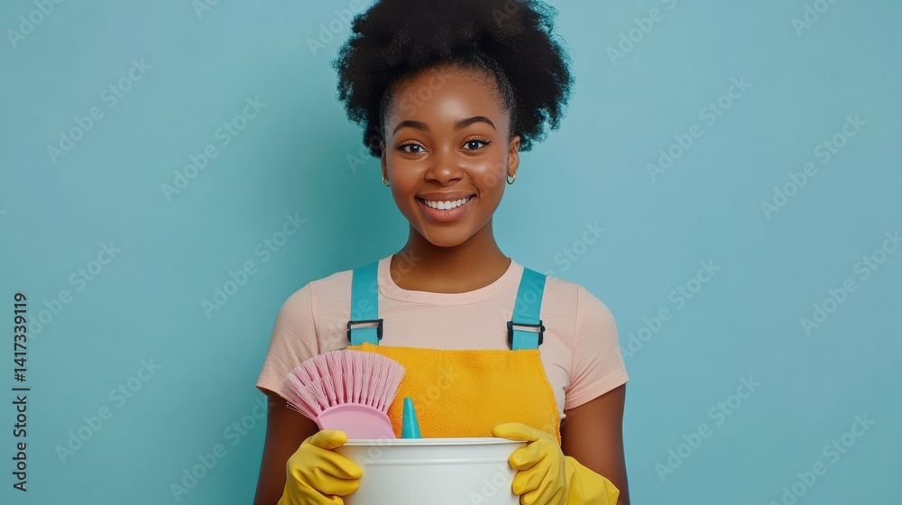 Photo of pleased young housemaid 20s wearing yellow rubber gloves for hands protection holding bucket with cleaning supplies, isolated over blue background Photo of pleased young housemaid 20s wearing yellow rubber gloves for hands protection holding bucket with cleaning supplies, isolated over blue background