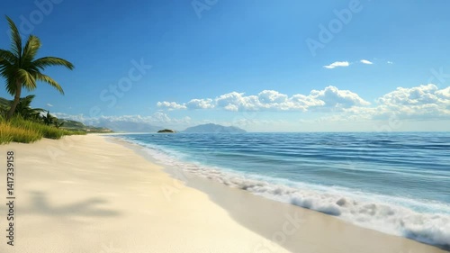Idyllic tropical beach scenery with blue sea, sky and palm tree, creating a relaxing atmosphere