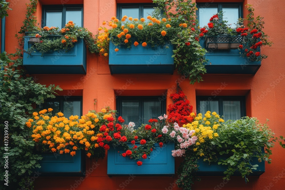 Fototapeta premium Colorful flower boxes on orange building facade