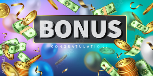 bonus,business promotion,discount and special offer concept celebration advertising banner.gold coins,money and celebration balloons flying on bright background vector illustration.