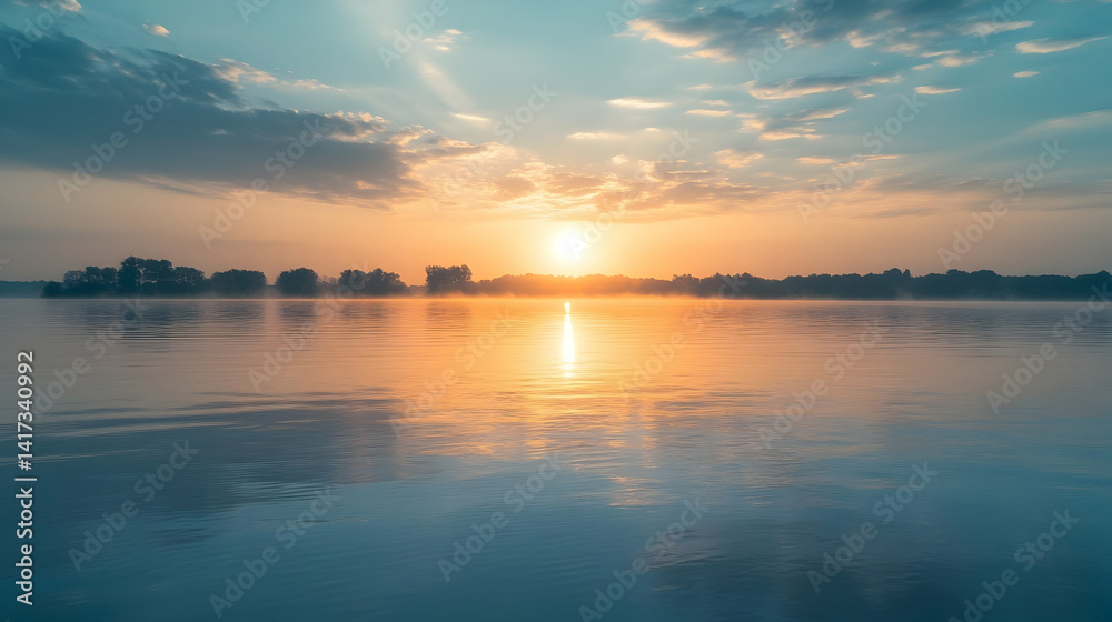 Fototapeta premium Majestic sunrise with golden light reflected on the serene surface of water