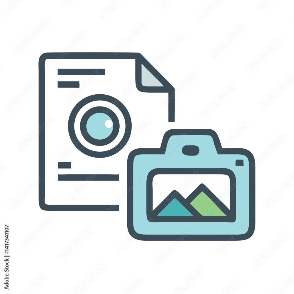 Camera with Photo Document Icon Representing Image Capture and Digital Photo Storage Camera with Photo Document Icon Representing Image Capture and Digital Photo Storage