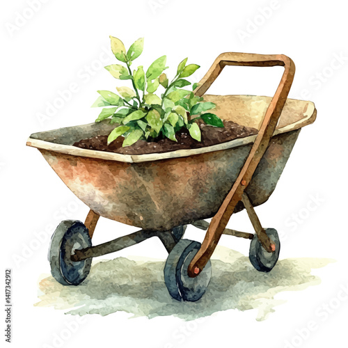 watercolor of Small Wheelbarrow Used As A Planter, vector, isolated on a white background.