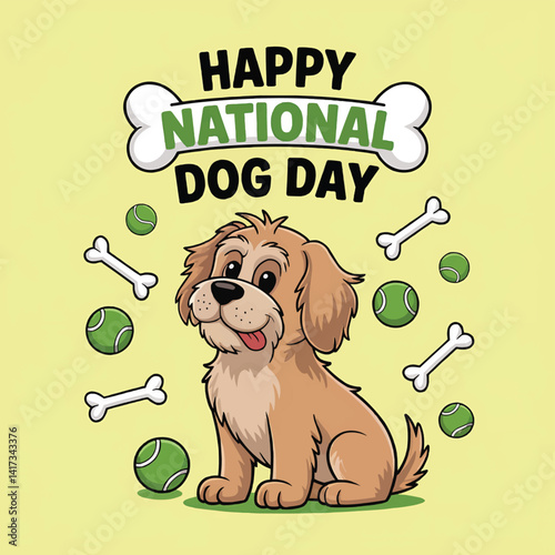 Happy national dog day celebrate with cute dog illustration bone and tennis ball vector art