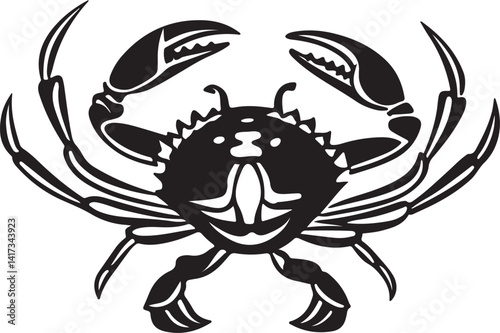 Black and white crab icon illustration on a white background, showcasing a simple vector art design