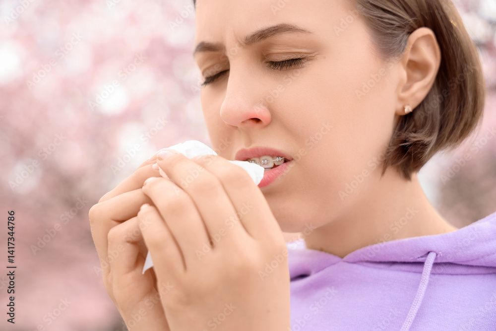 Allergic young woman with tissue sneezing in park, closeup Allergic young woman with tissue sneezing in park, closeup