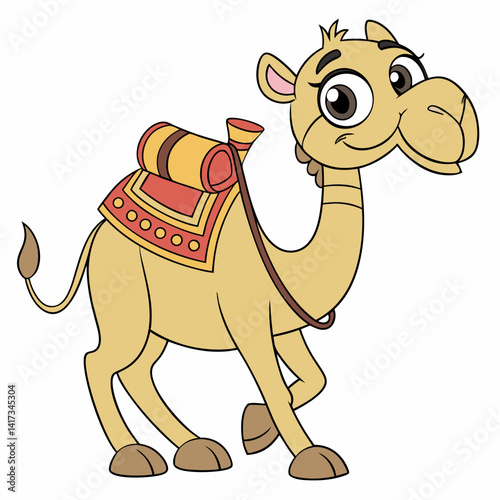 Cute camel cartoon with saddlery. Vector illustration