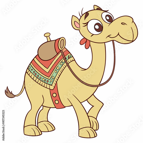 Cute camel cartoon with saddlery. Vector illustration