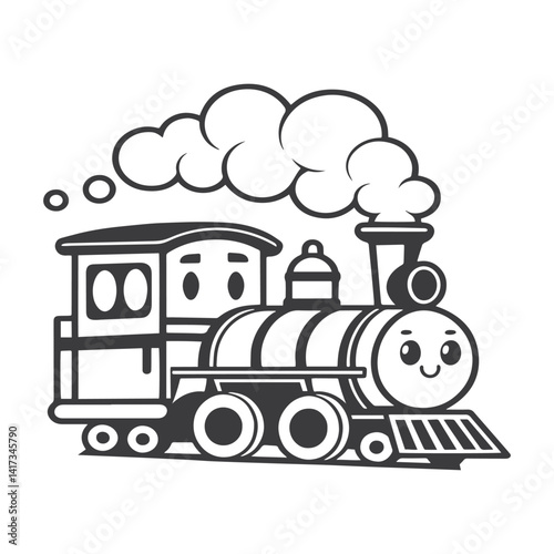 Cute Cartoon Train Engine – Black & White Smiling Steam Locomotive with Puffy Clouds