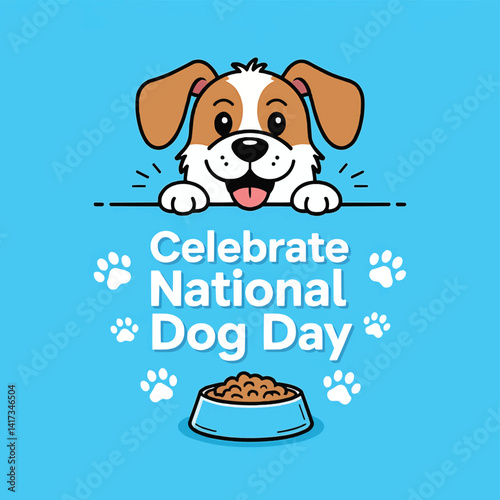 National dog day celebrate with cute cartoon dog illustration and dog food bowl image vector