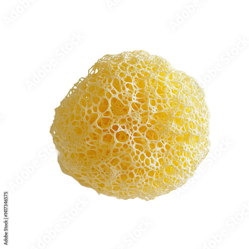 A round, light yellow, porous bath sponge, perfect for gentle exfoliation and cleansing. photo
