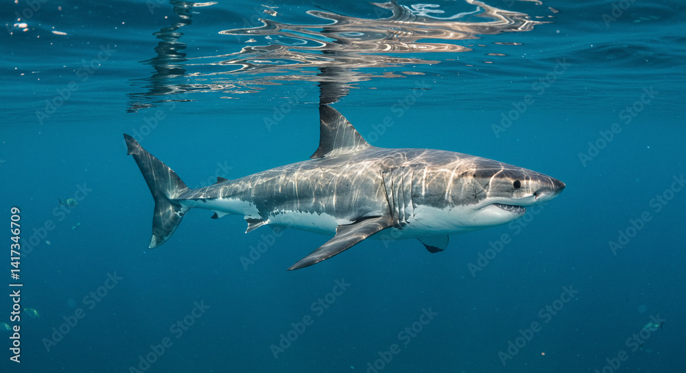 Fototapeta premium Great White Shark Swimming Underwater in Ocean