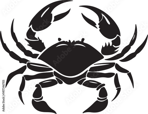 Silhouette of a crab in black and white against a white background, featured in a vector art illustration collection