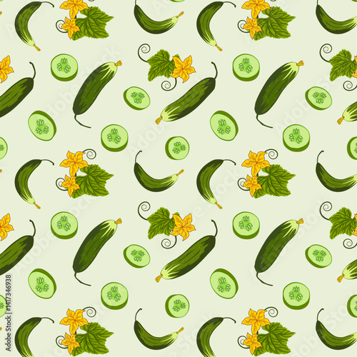 Whole and sliced ​​cucumbers.Vector seamless pattern with green cucumbers on a colored background.