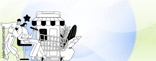 Holiday shopping people doing e-commerce online shopping flat vector concept operation hand drawn illustration
