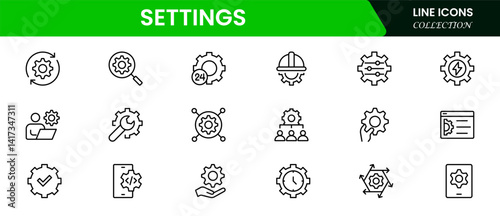 Setting and setup icon set. UI icon set. Contains such icons as gear, adjustments, setup, preferences, options, controls, service, operation icons, and more. Vector illustration