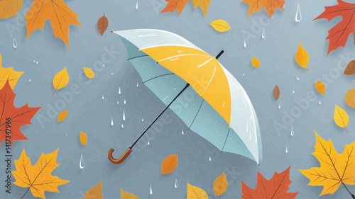 The image depicts a colorful umbrella with a yellow and blue design, standing upright against a gray background. Autumn leaves in shades of orange, yellow, and red are scattered around, and raindrops 