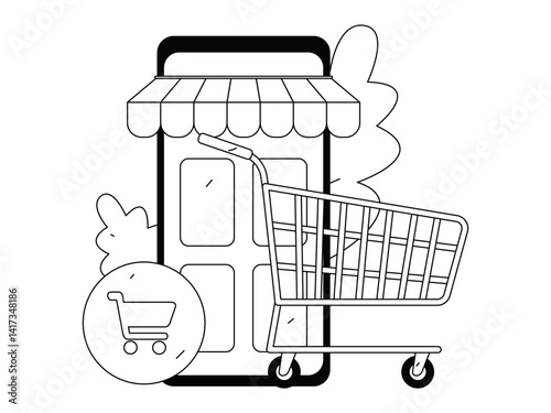 Holiday shopping people doing e-commerce online shopping flat vector concept operation hand drawn illustration
