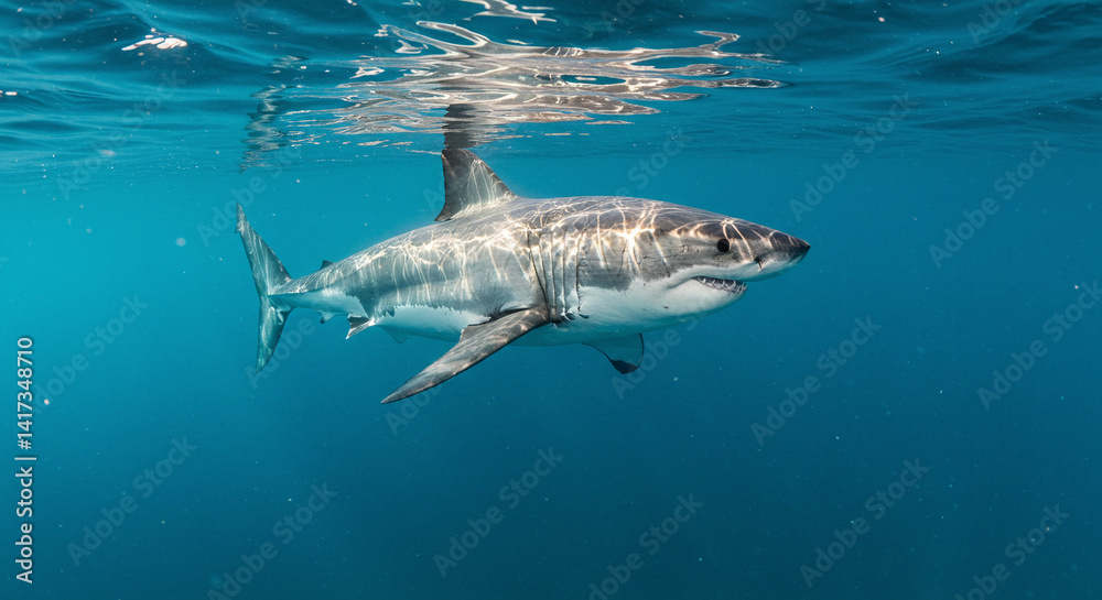 Fototapeta premium Great White Shark Swimming in Ocean Water Close Up